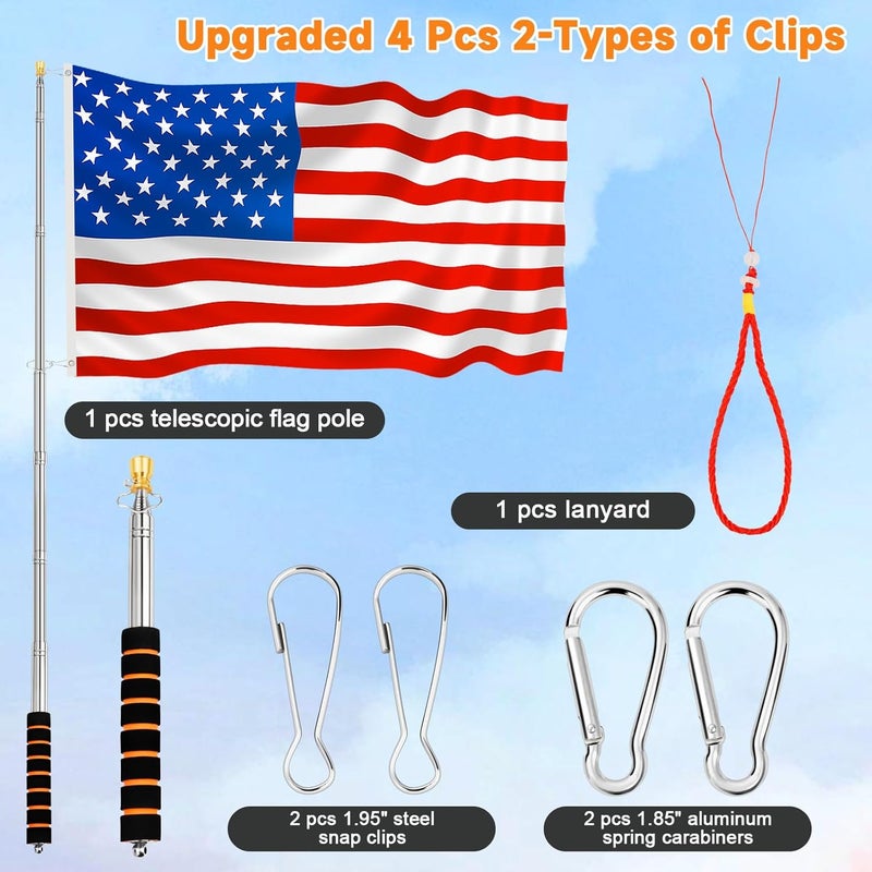 CATMOOW Portable Telescopic Handheld Flag Pole for Carrying, 6.56Ft/2M Stainless Steel Telescoping Hand Held Flag Pole to Carry, Extendable Tour Guide Flag Pole, Flagpoles with Clips for 3x5 Flag - Image 5